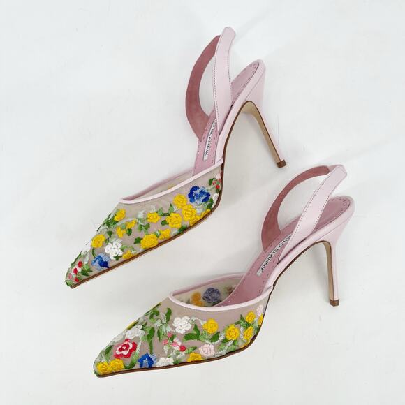 Manolo Blahnik Jardoline Pink Floral Embroidered Mesh Slingback Heels IT 36 - Picture 6 of 14